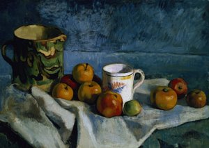 Naturaleza muerta con manzanas, taza y jarra